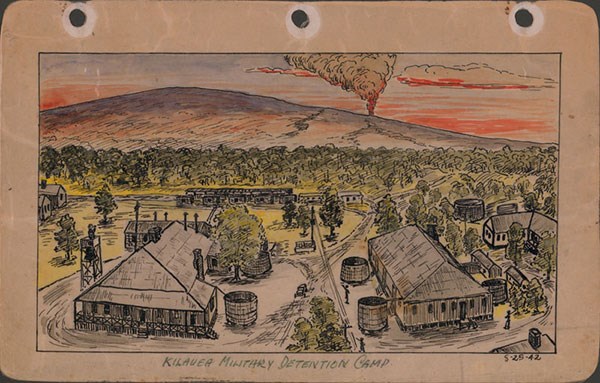 Drawing of KMC WWII detainment camp by detainee George Hoshida