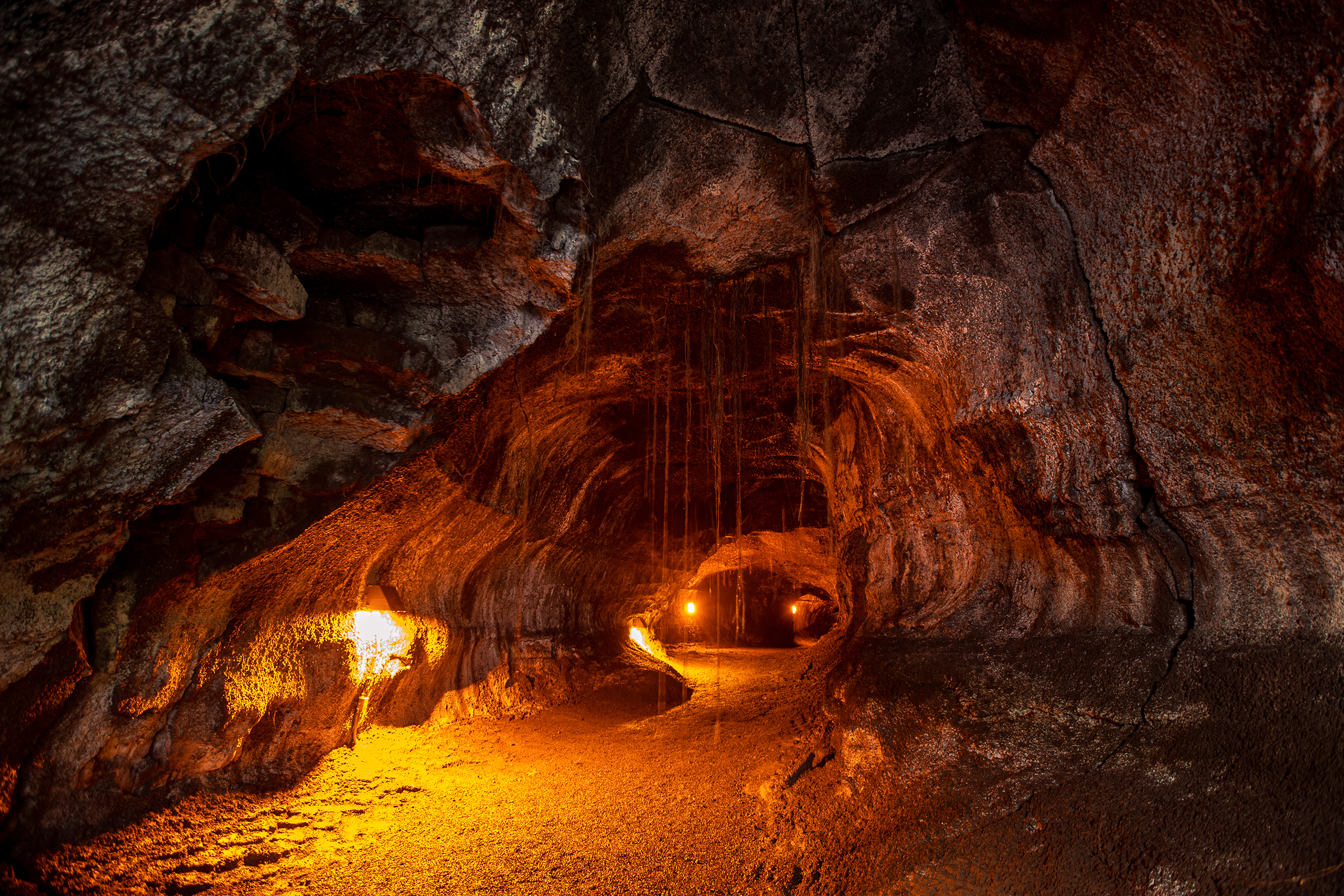 Nāhuku (Thurston Lava Tube) A lava tube lit by electric lights