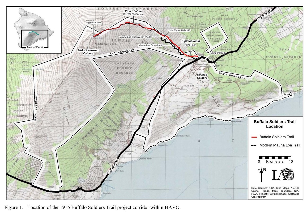 Location of the 1915 Buffalo Soldiers Trail 1915 Buffalo Soldier Trail in red on topographic map of Mauna Loa