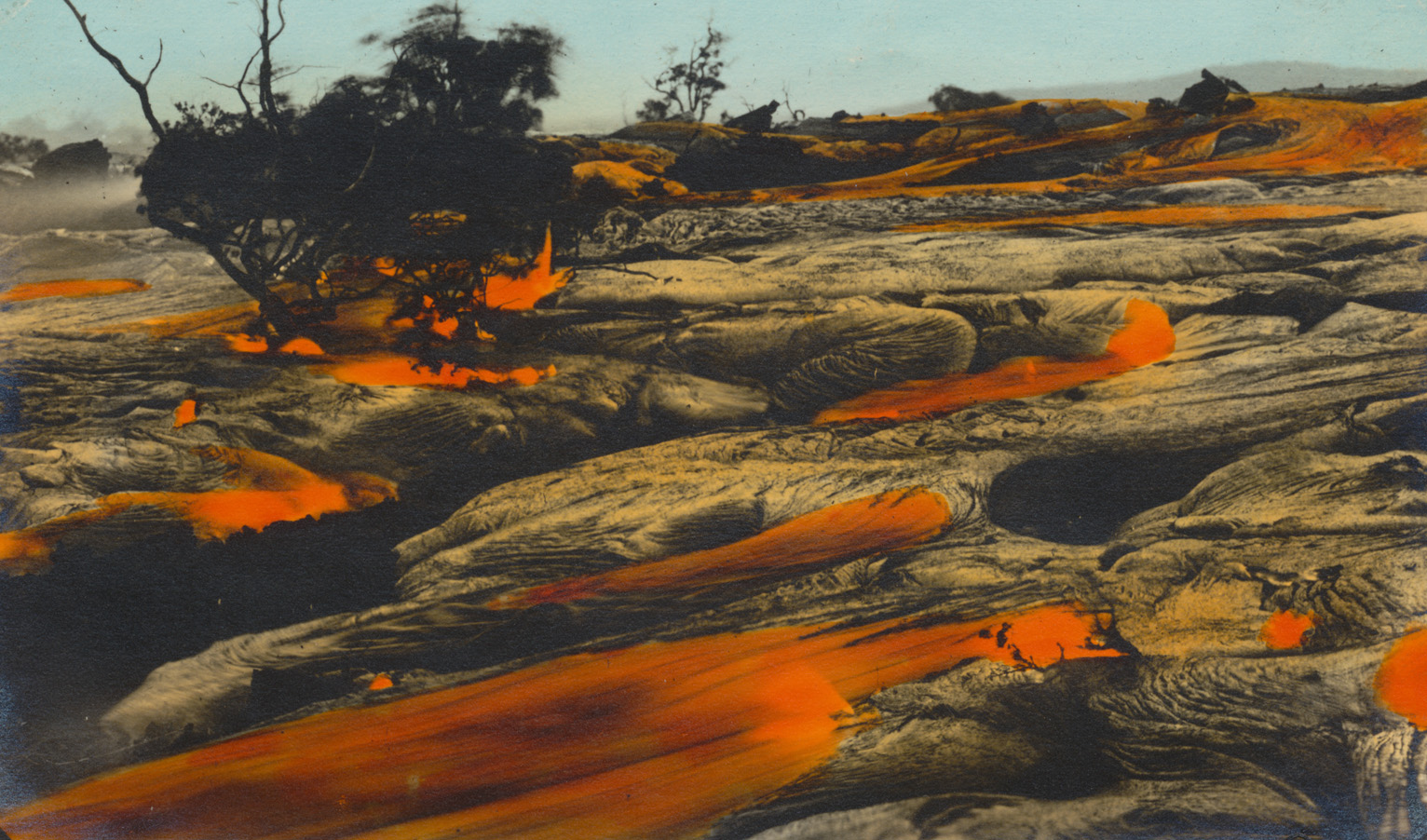 Mauna Iki lava flow in 1919 lava flow photograph of molten red and black lava