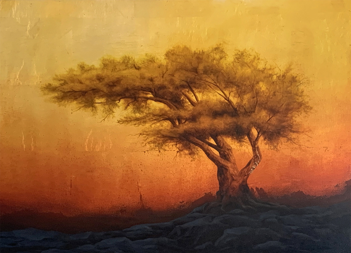 Painting of a tree with exposed roots growing into loose rocks
