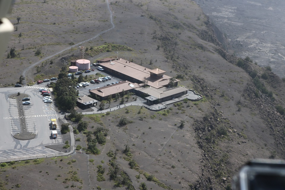 Jaggar and HVO buildings aerial Aerial view of buildings on the edge of a volcanic crater