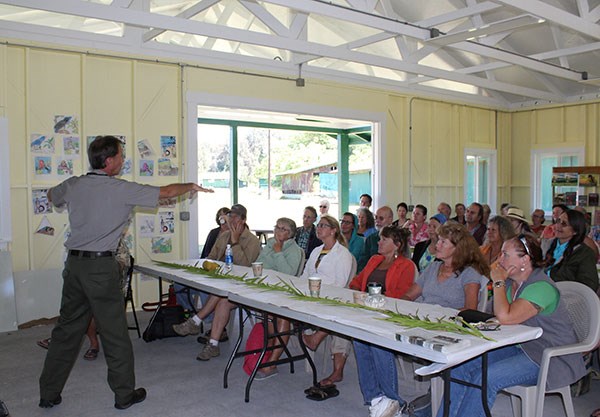 Ranger Jay Robinson describes new Ka‘ū Footprints exhibits at the Kahuku Coffee Talk