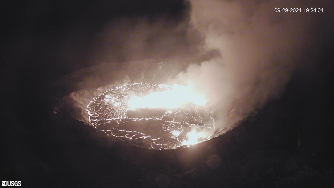 Webcam photo of a glowing lake of lava