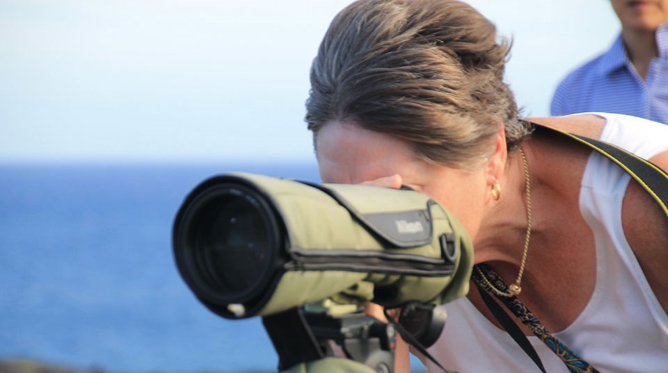Visitor viewing lava through spotting scope