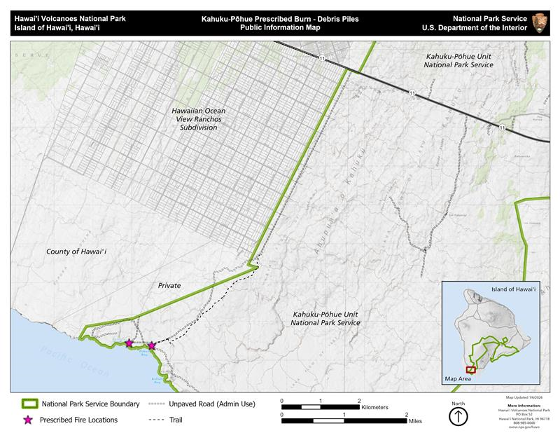 Map of Hawaii Volcanoes National Park Kahuku Unit with two stars at the coast marking the area of the prescribed burn piles