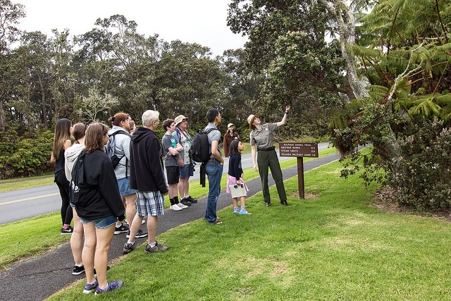 Ranger Jamie leads a hike from Kīlauea Visitor Center to Sulphur Banks