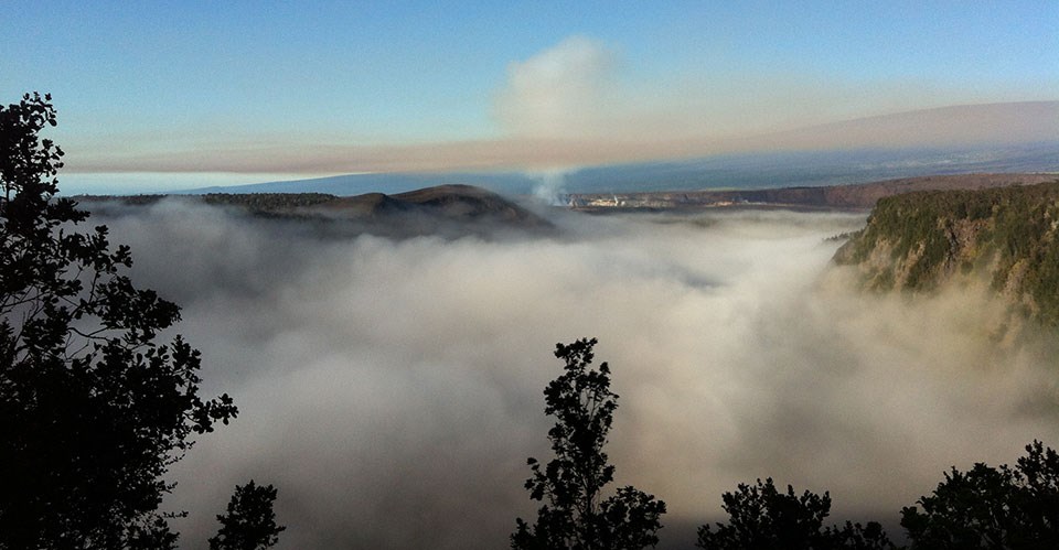 Fog in Kīlauea Iki Crater - Halema‘uma‘u in the background