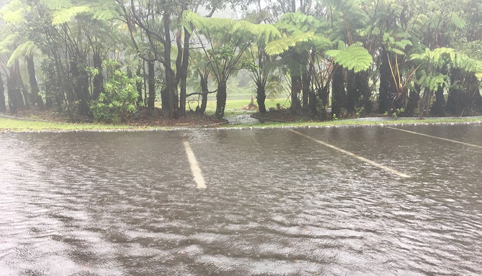 Kīlauea Visitor Center Parking Lot During Extremely Heavy Rain