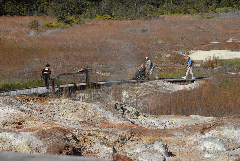 Sulphur Banks is wheel chair accessible from the Steam Vents side Sulphur Banks is wheel chair accessible from the Steam Vents side