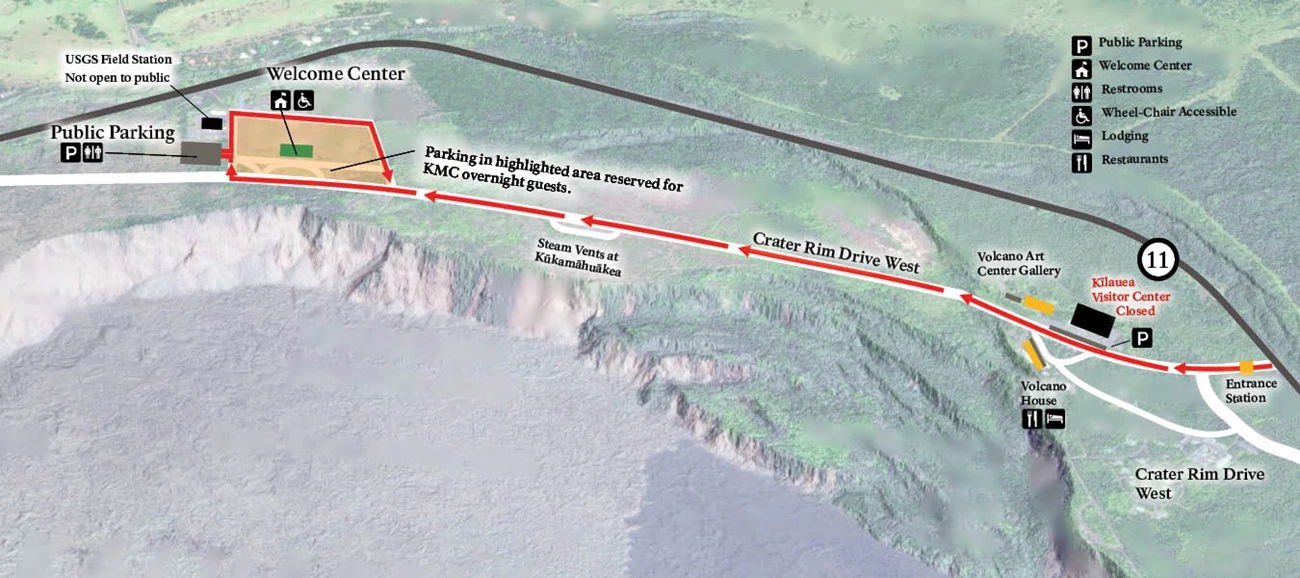 Map showing a red line that goes from the entrance station on Crater Rim Drive West towards the Welcome Center.