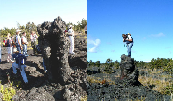 Riley precariously looks down into a lava tree