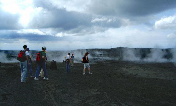 Students continue to hike through clouds of steam