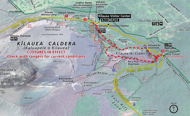Map of Kīlauea Iki Trail denoted by a dotted line.
