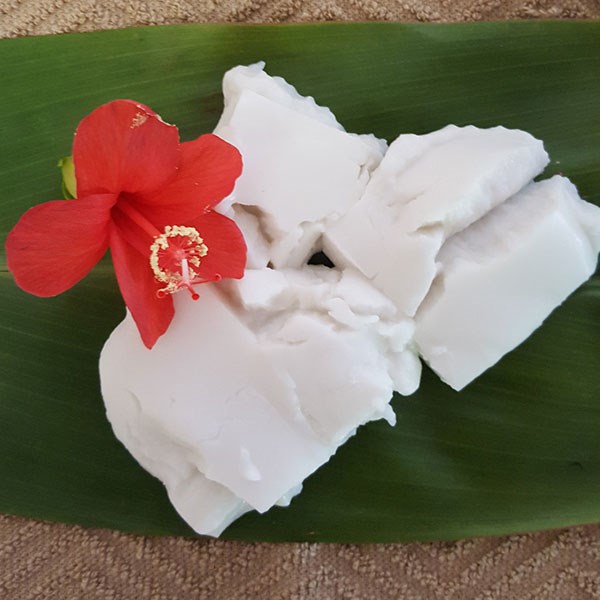 Haupia dessert on ti leaf with red hibiscus Haupia