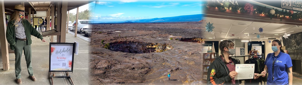Ranger pointing to a sign, visitor hiking in a volcanic lava field, visitor at a park store.