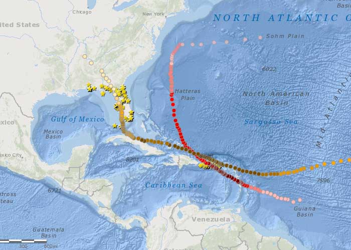 Screenshot of story map showing Hurricane Irma and Maria tracks