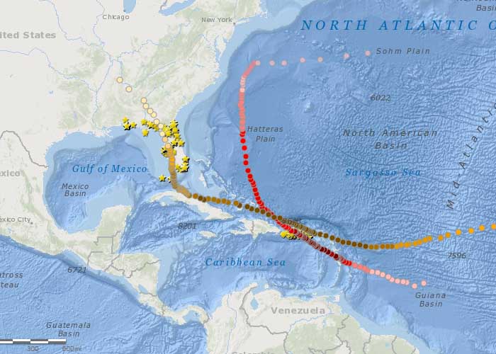 Screenshot of story map showing Hurricane Irma and Maria tracks