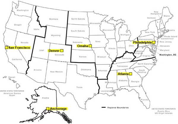 U.S. map showing location of National Park Service regional offices that carry out HABS/HAER/HALS review