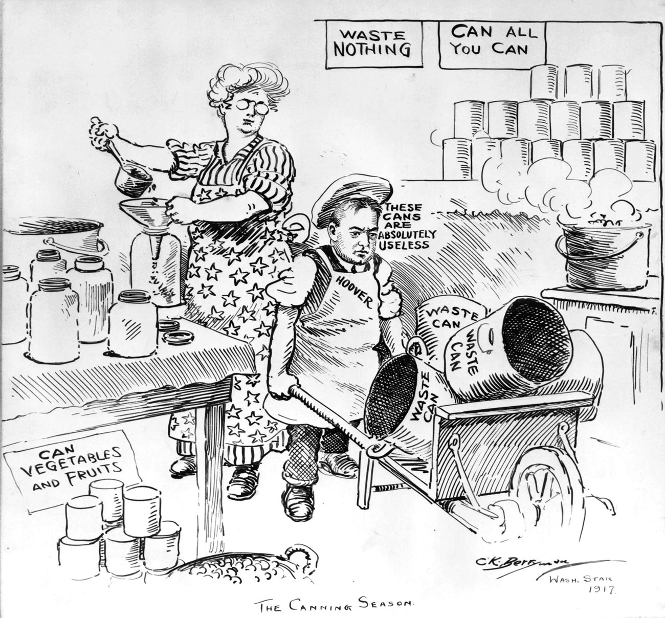 A political cartoon depicts a kitchen representing wartime food conservation.