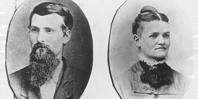 Oval portrait photos show a man and woman from the late 1800s.