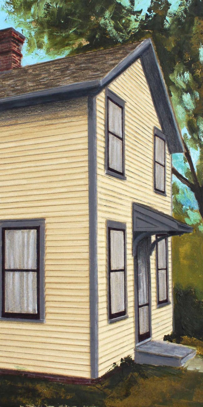 The Mackey House, by Heather Heckel A painting depicts a boxy yellow two story house.