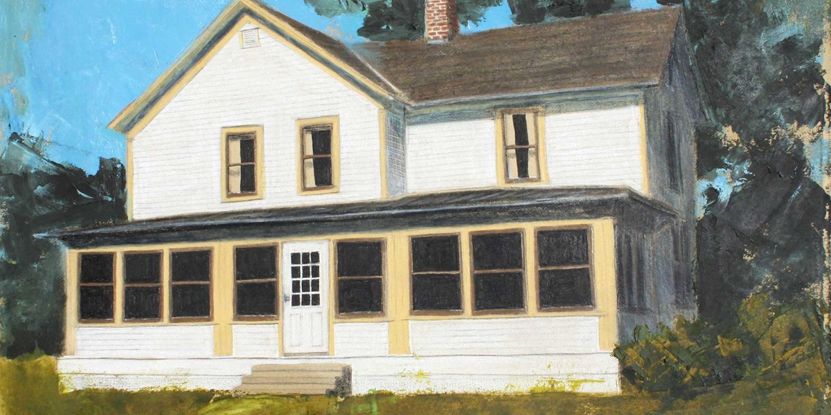 The Staples House, by Heather Heckel A cream colored two story house with a broad enclosed porch and yellow trim, depicted in a painting.