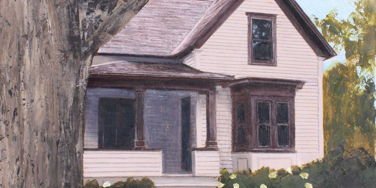 The Wright House, by Heather Heckel A white house depicted in a painting has brown trim and is surrounded by a lawn and leafy trees.