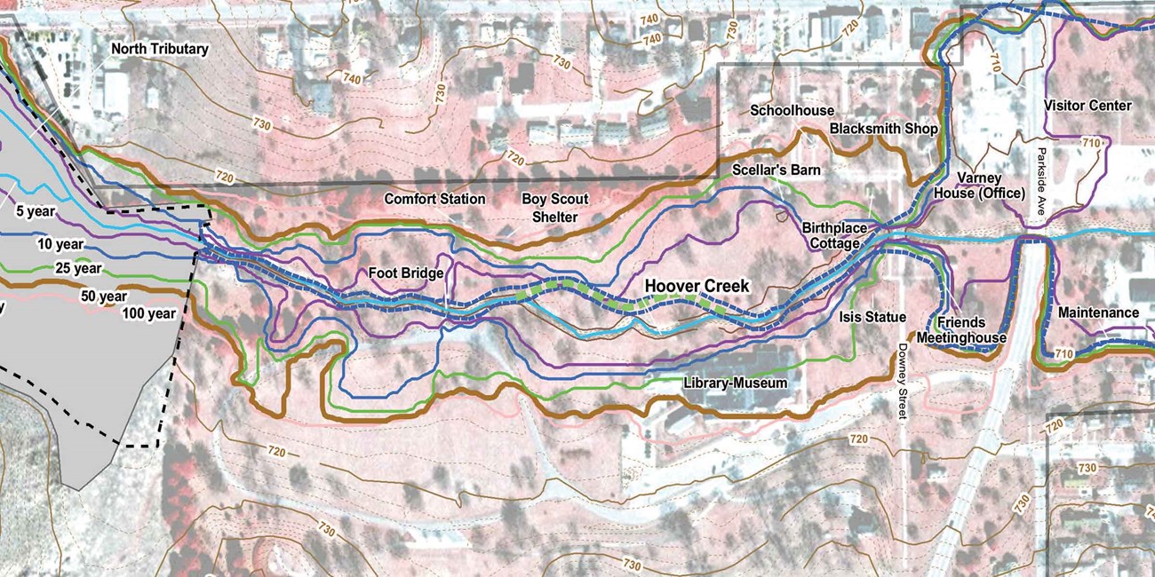 A map drawing of a creek shows flooding frequencies with different colored lines.