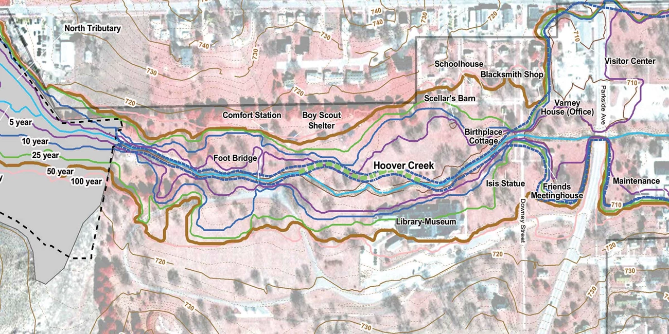Hoover Creek Watershed A map drawing of a creek shows flooding frequencies with different colored lines.