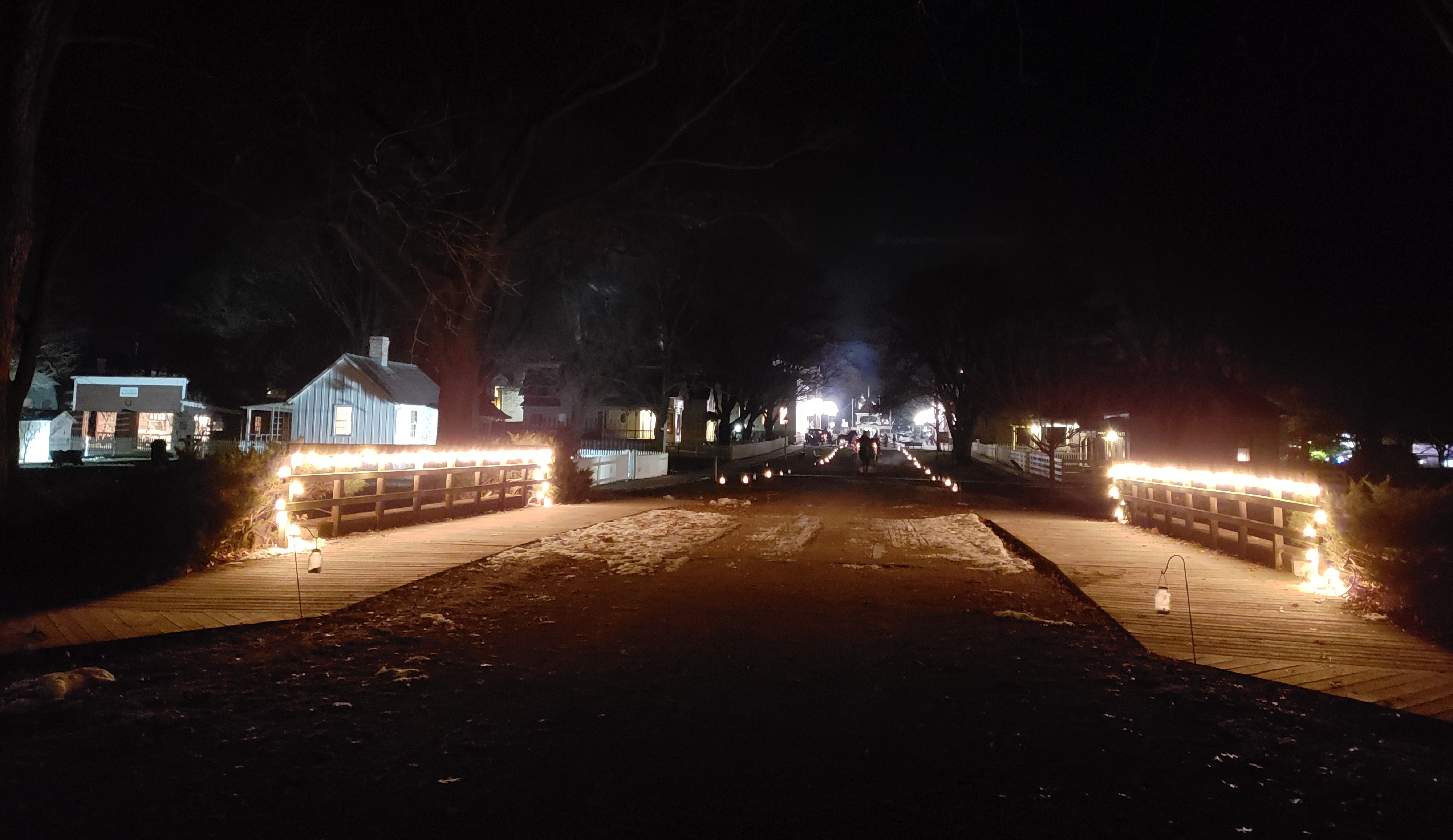 Christmas Past Luminaries line the sides of an historic road in Herbert Hoover National Historic Site.