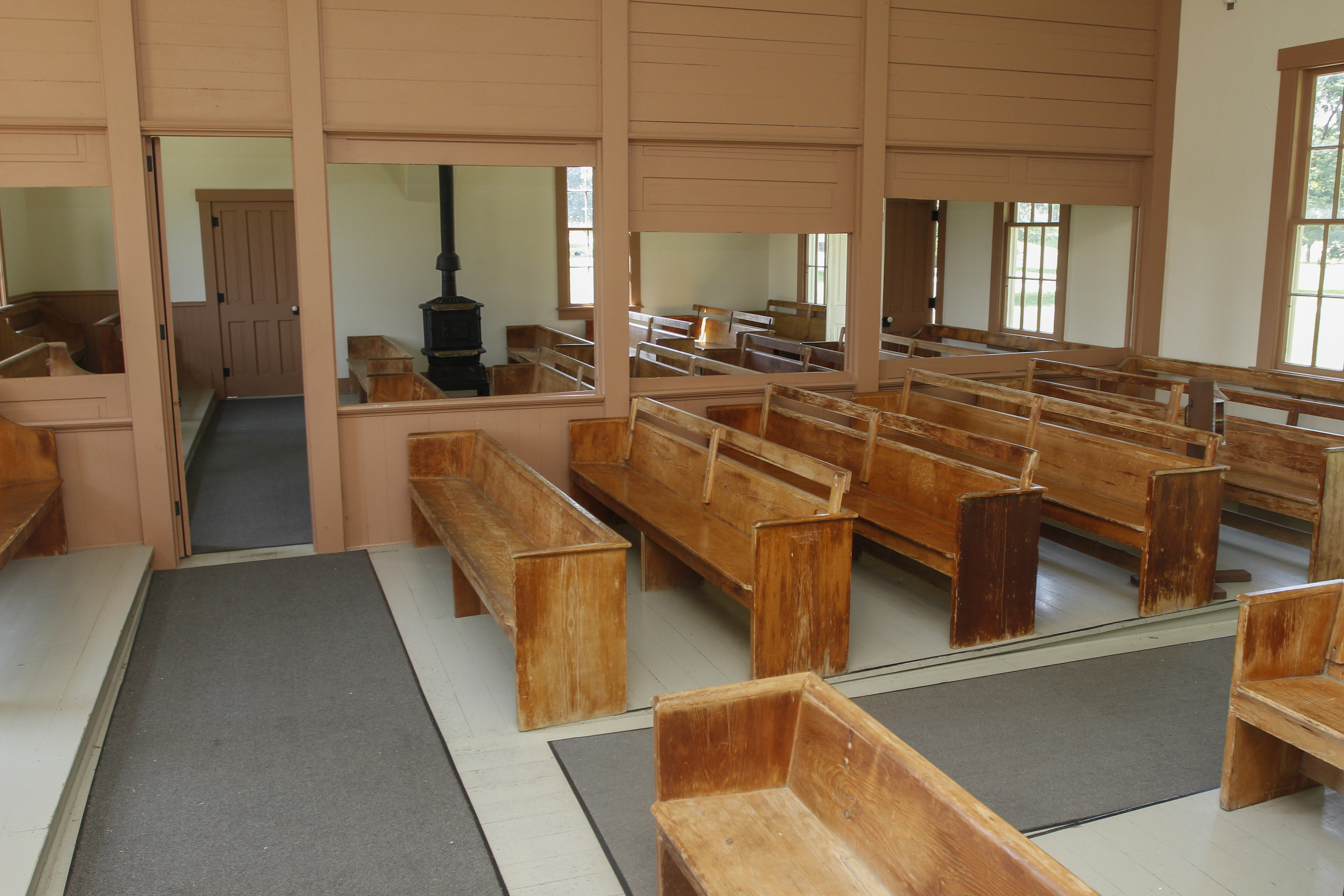 Benches inside Friends Meetinghouse at Herbert Hoover NHS