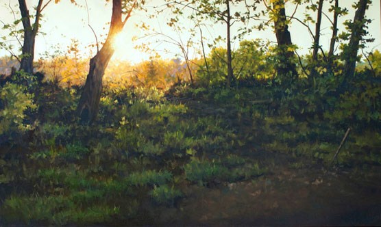 Painting of the sun shining through trees.