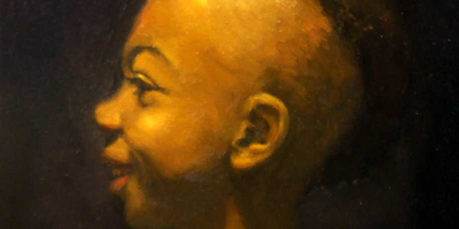 A painting depicts a profile portrait of a smiling boy.