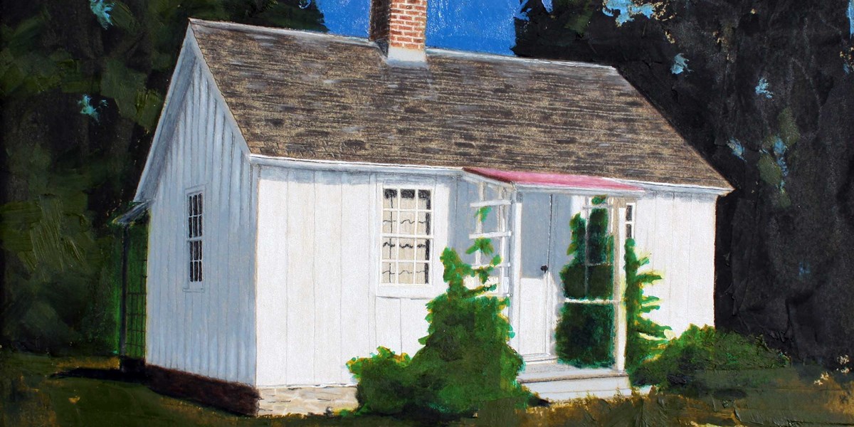 Herbert Hoover's Birthplace by Heather Heckel A historic cottage reflects the sun from its front in a painting of oil and colored pencil.