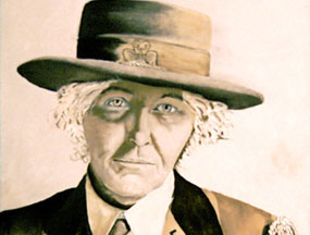 Portrait painting of woman in 1920s girl scout uniform, in monochrome sepia hues. Portrait painting of woman in 1920s girl scout uniform, in monochrome sepia hues.