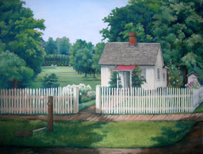 Pastel of a small white cottage with a white picket fence and green trees with a view of a gravesite on a hill beyond. Pastel of a small white cottage with a white picket fence and green trees with a view of a gravesite on a hill beyond.