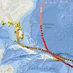 Screenshot of map showing paths of Hurricanes Irma and Maria
