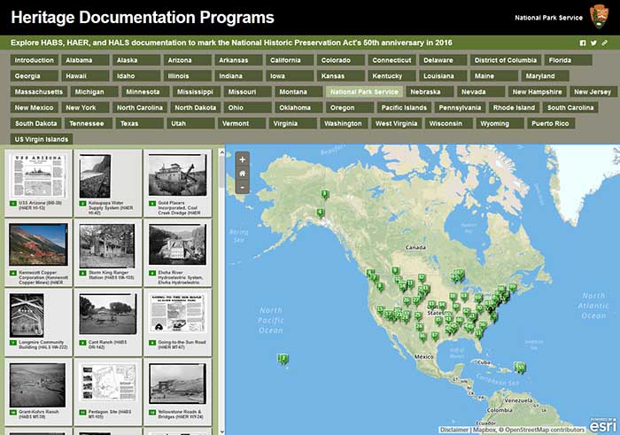 Screenshot of NHPA50 map showing the National Park Service sites