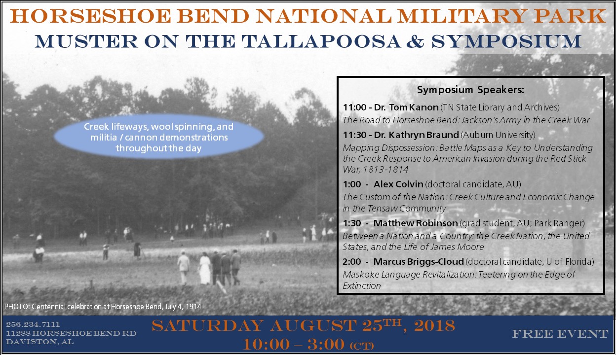 Flyer for Muster pn the Tallapoosa and Symposium event; August 25th, 2018