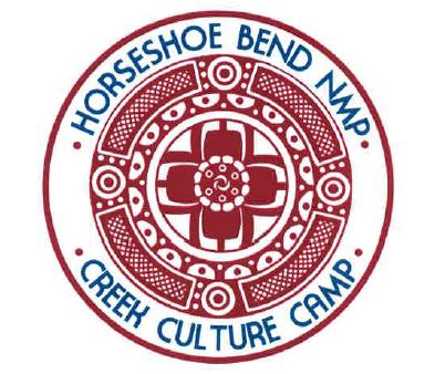 intricate circular design in red, white background, words "Horseshoe Bend NMP Creek Culture Camp" along ooutside