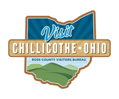 Visit Chillicothe Ohio Ross County Visitors Bureau is written out on a shape of the state of Ohio.
