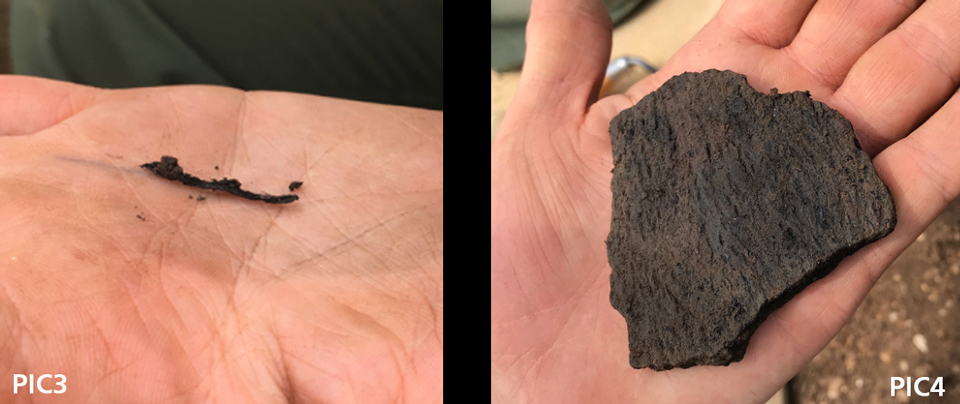 A person holds a piece of twine in the left photo while someone holds a broken piece of pottery in the right photo