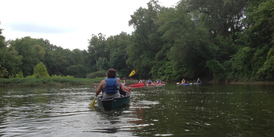 Several people in different colored kayaks paddle down a river Several people in different colored kayaks paddle down a river