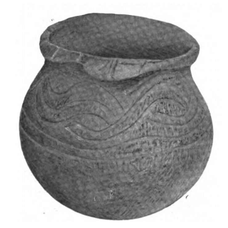 A clay pot with striations etched into the sides of the pot on a diagonal pattern