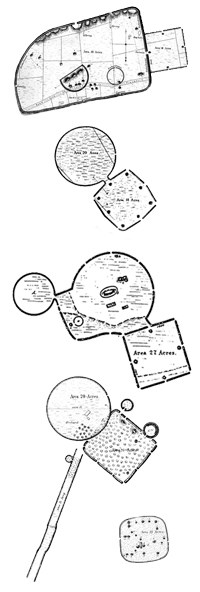 Five earthworks that resemble large geometric shapes of circles and squares