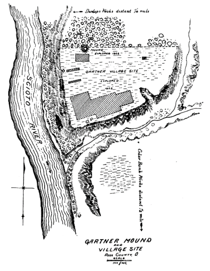 An aerial map drawing of a mound site along a river