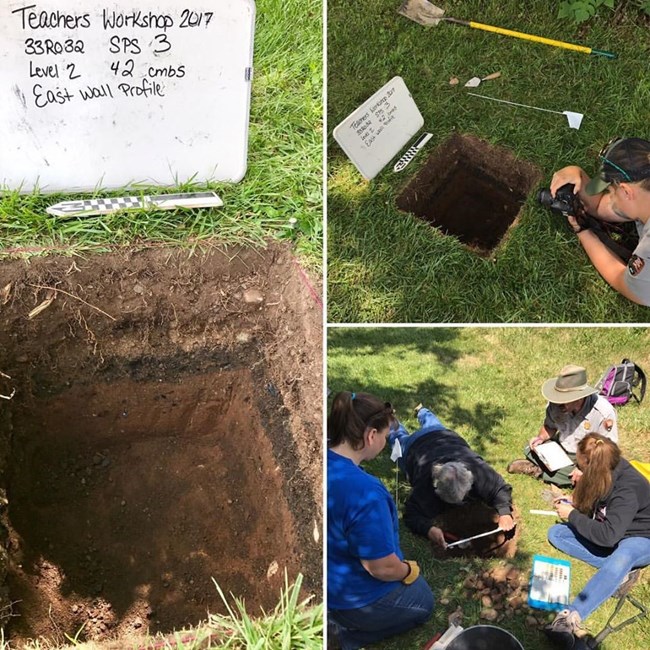 collage of images showing archeologists completing field work.