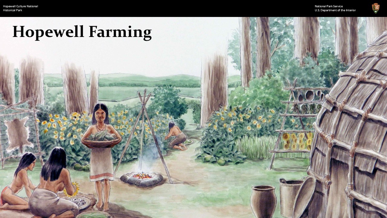 artistic drawing of Native American women and children working in a garden.
