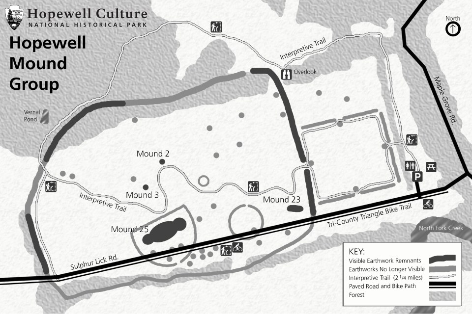 A map showing the details of the grounds at Hopewell Mound Group